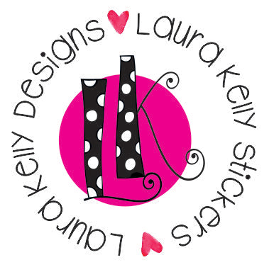 Logo with 'Laura Kelly Designs' and 'Laura Kelly Stickers' text around a stylized letter 'L' with polka dots.